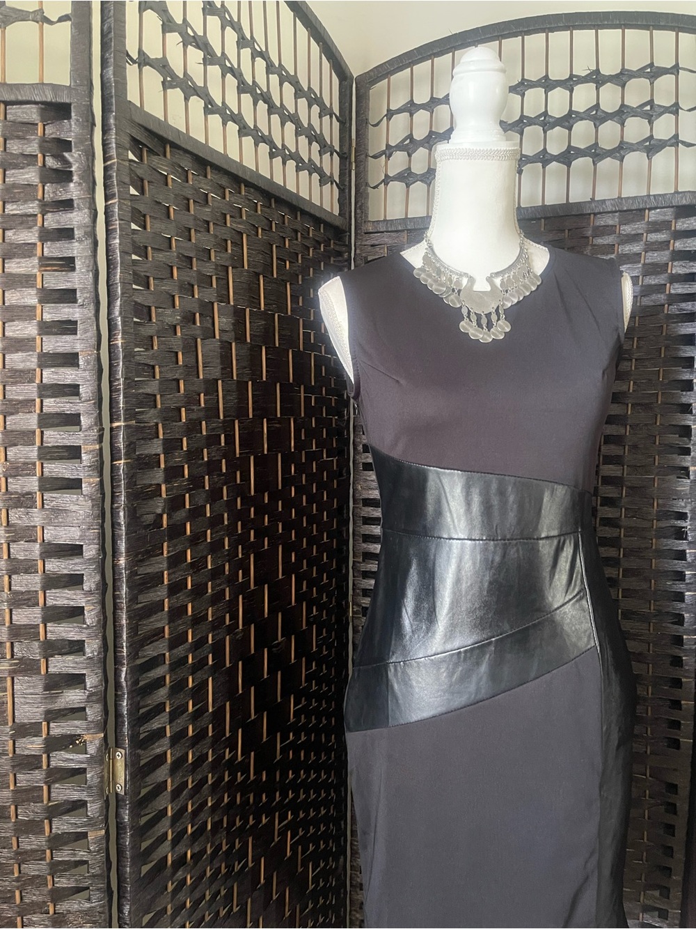 Black Sleeveless Midi Sheath Dress with Faux-Leather Panel - Picture 1 of 5
